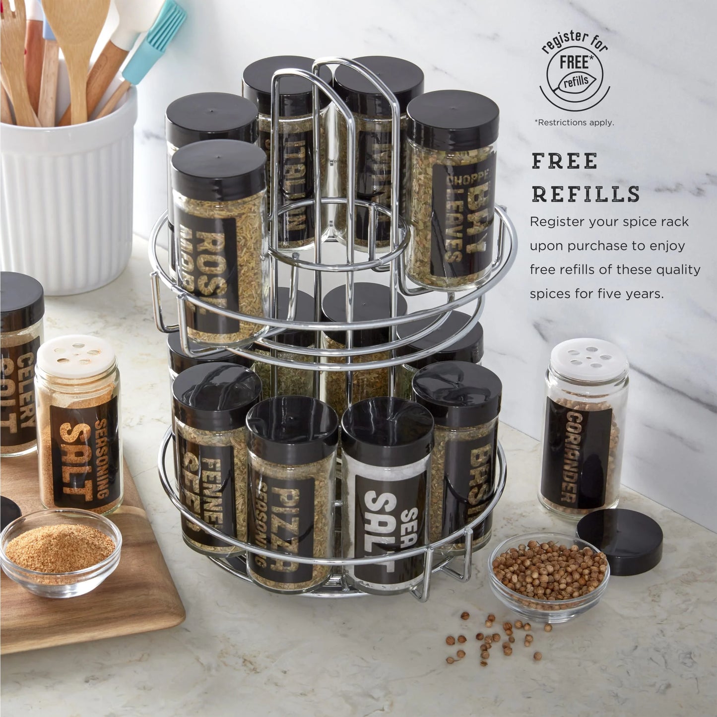 (2 Pack) 16-Jar Chrome Wire 2-Tier Revolving Filled Countertop Spice Rack & Organizer