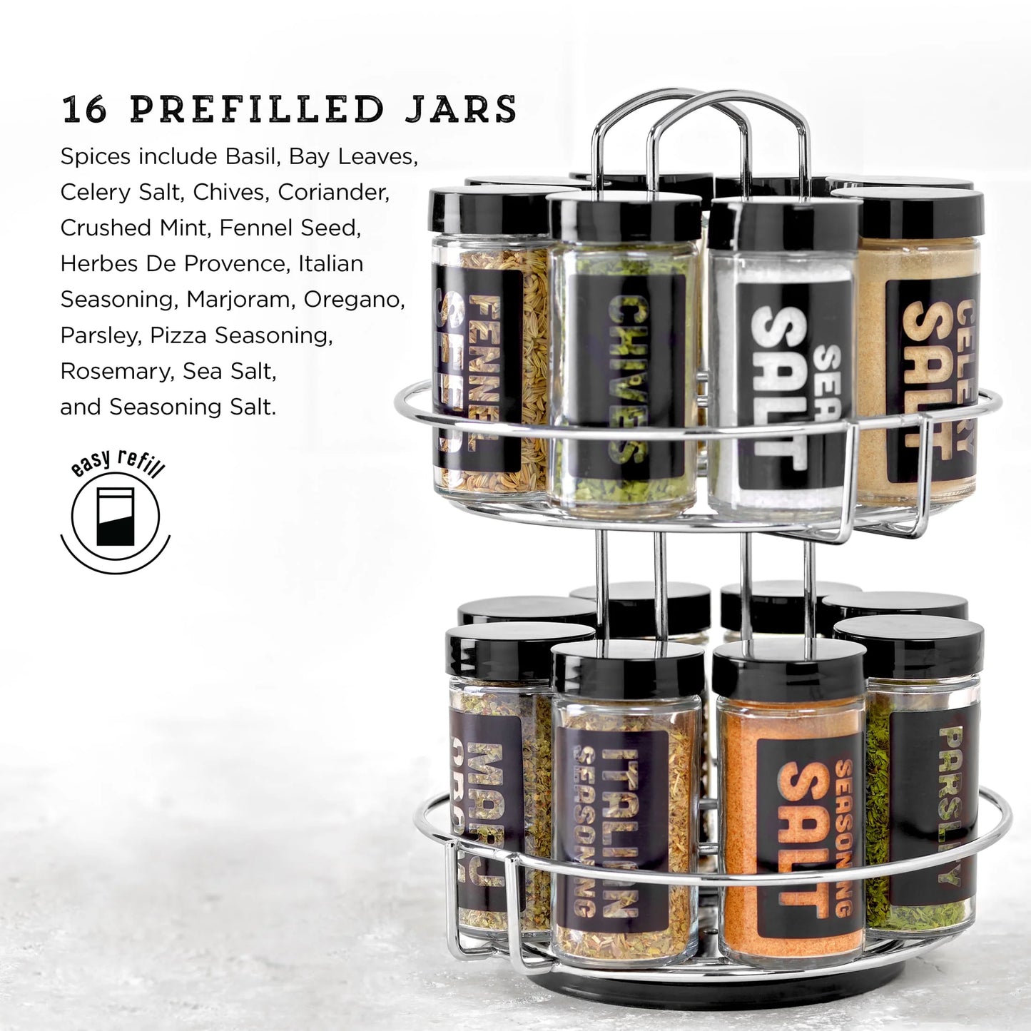 (2 Pack)  16-Jar Chrome Wire 2-Tier Revolving Filled Countertop Spice Rack & Organizer
